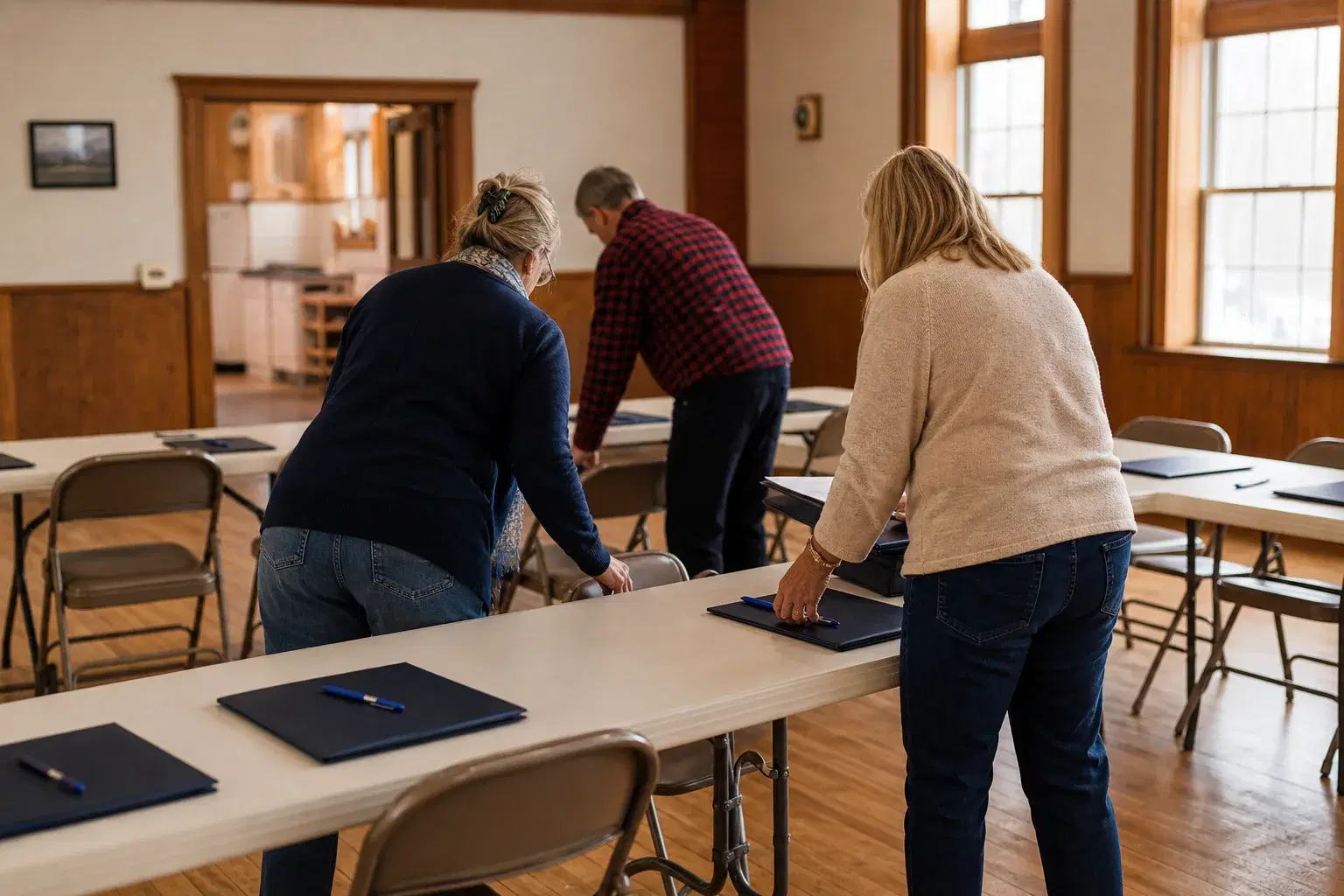 Neighbors preparing a community meeting room