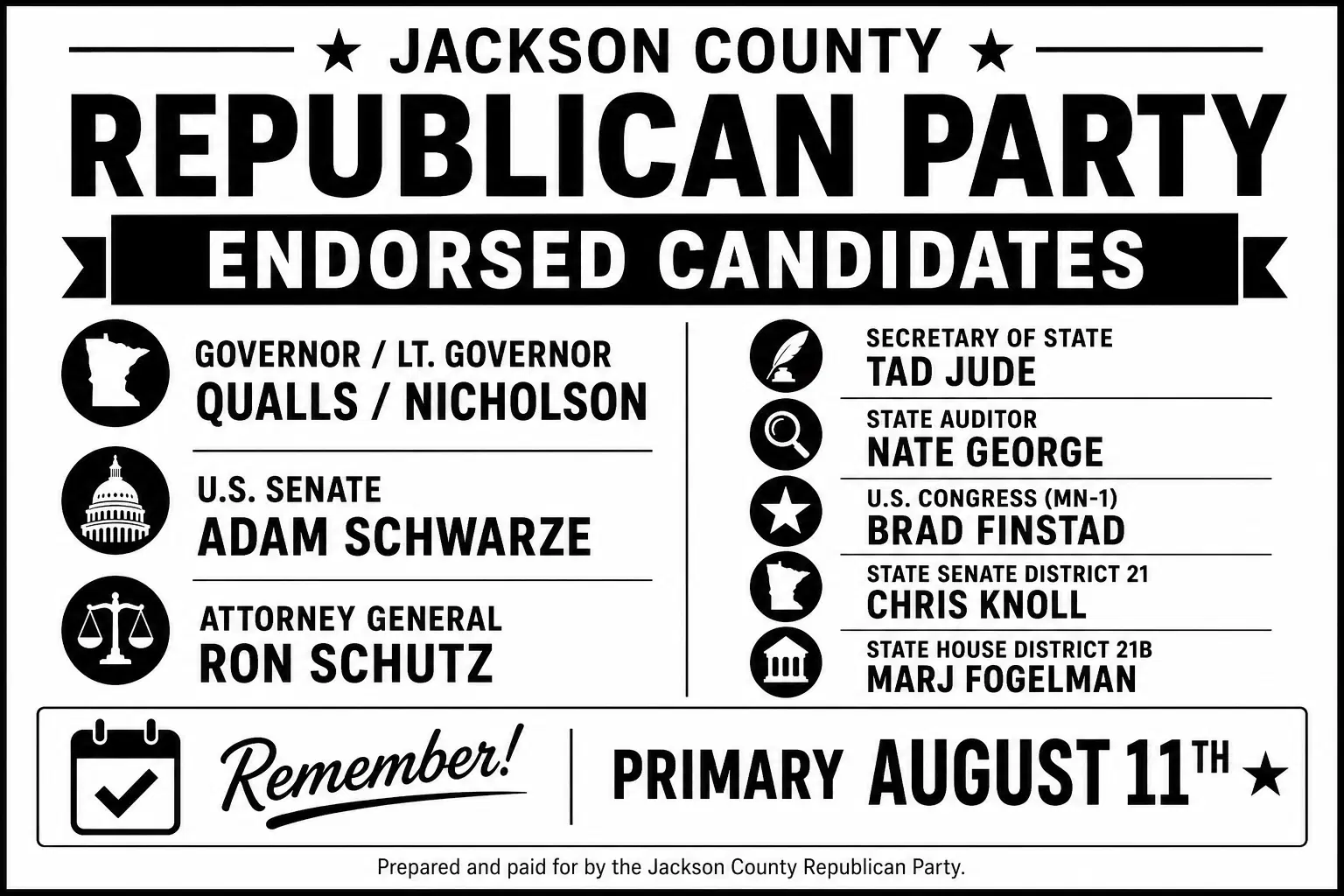 Jackson County Republican Party endorsed candidates for the August 11 primary